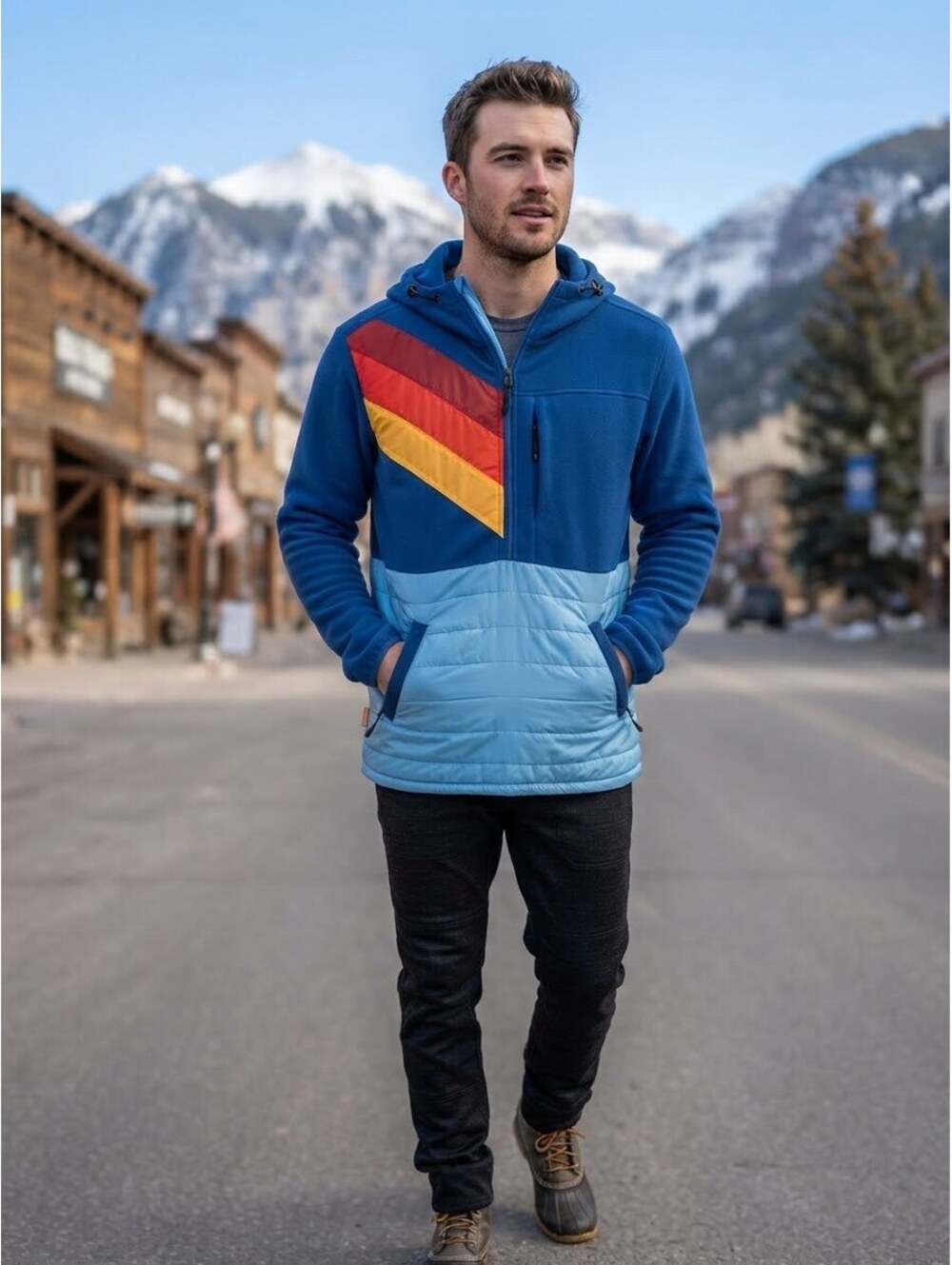 YoColorado Blue Fleece Hoodie Retro Rainbow Stripe Quarter Zip Sz Small